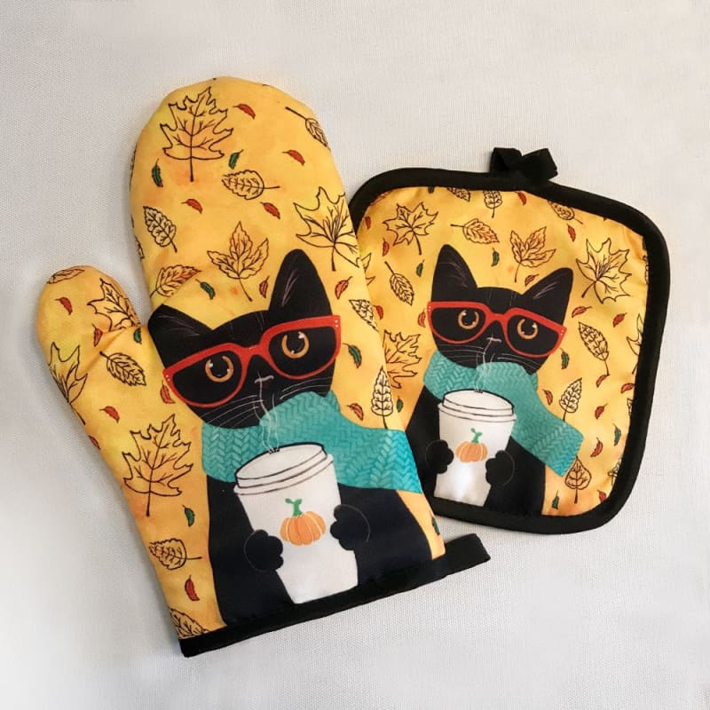 Set gant de cuisine et manique en coton imprimé Funny Cats
