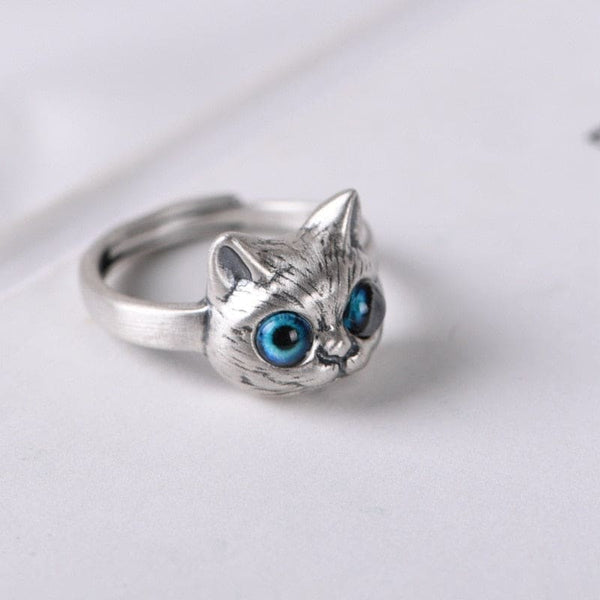 Bague tête de chat aux yeux bleus BLUEKAT™ bague argent chat, bleus, bagues, bagues
