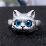 Bague tête de chat aux yeux bleus BLUEKAT™ bague argent chat, bleus, bagues, bagues
