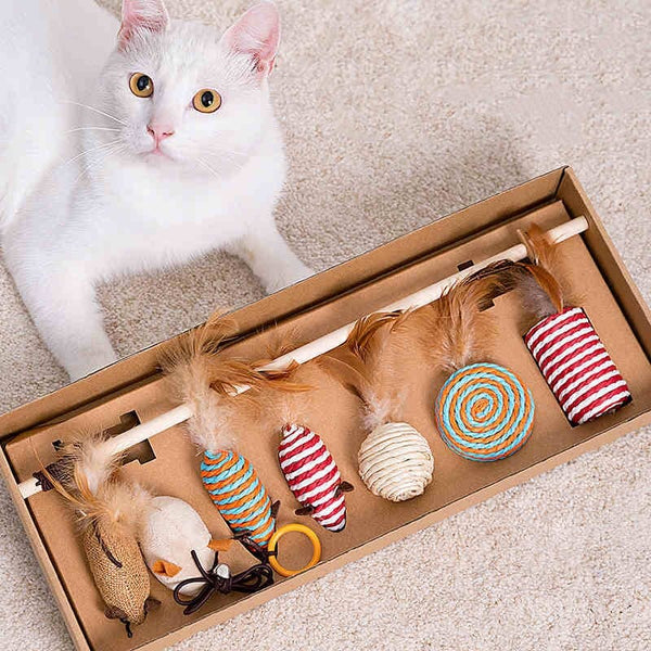 Coffret cadeau jouets pour chat en plume et sisal