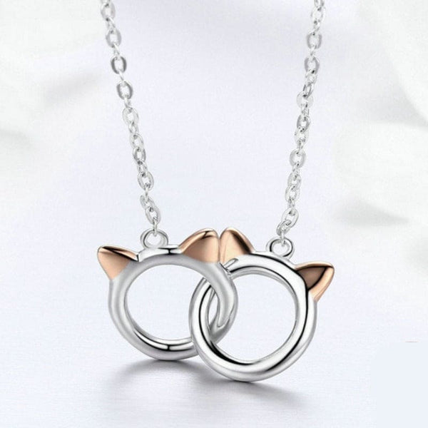Collier pendentif 2 anneaux têtes de chat entrelacées en Argent KUFYKAT™ Bijoux, collier argent, 