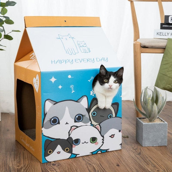 Maisonnette pour chat en carton forme de pack lait MILKAT™ couchages, griffoir, griffoir intéractif,