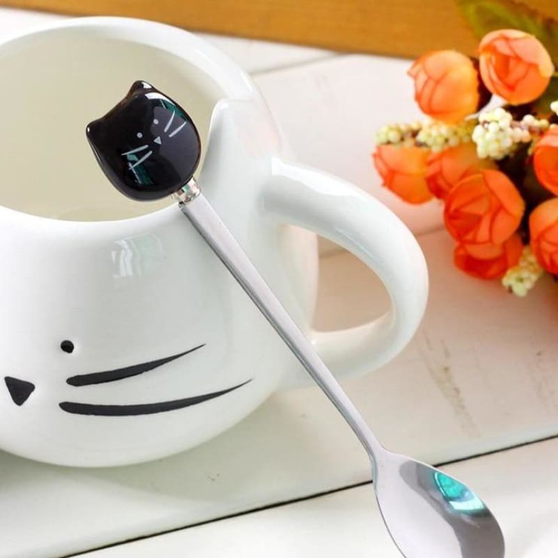 Mug Avec Cuillère CMP Motif Chat Blanc Doré - Céramique Et Acier Inox, Neuf, Idéal Cadeau